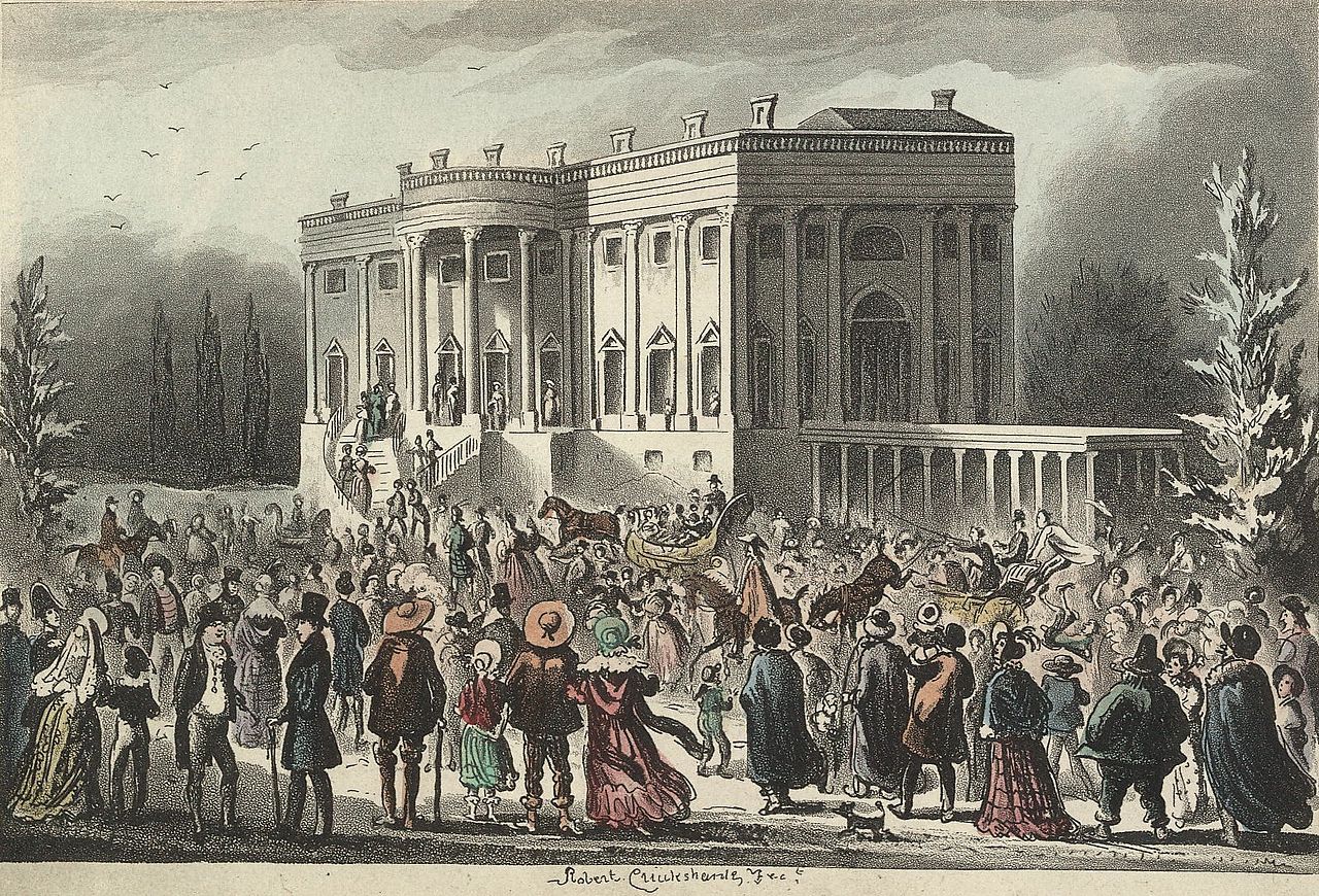 Print showing a crowd at the White House at Jackson's inauguration.