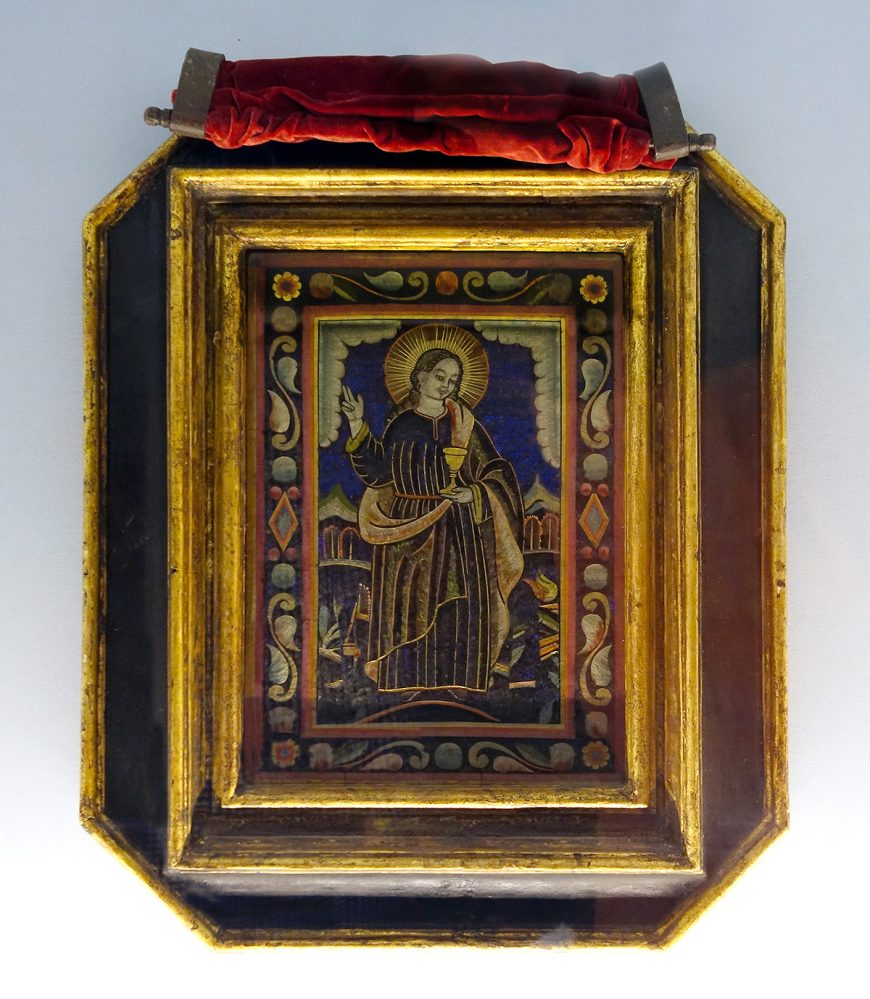 San Juan Evangelista, siglo XVI, trabajo con plumas (Museo Nacional de Arte, Ciudad de México)