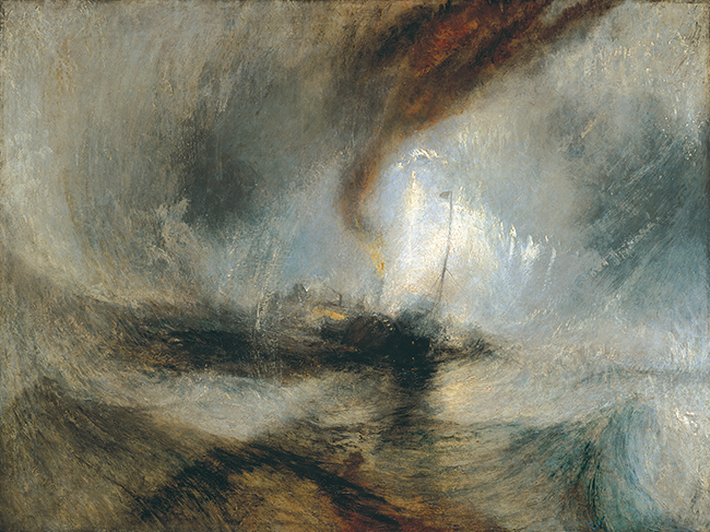 James Mallord William Turner, Snow Storm – Steam-Boat off a Harbour’s Mouth Making Signals in Shallow Water, and going by the Lead. The Author was in this Storm on the Night the “Ariel” left Harwich), 1842, oil on canvas, 91 cm × 122 cm (Tate Britain, London)