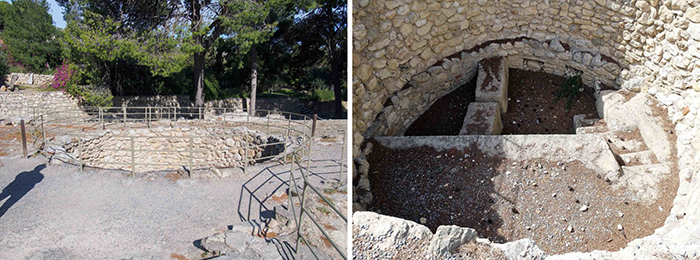 Kouloures, or circular stone-lined and plastered pits, Protopalatial Knossos (left photo: C messier, CC BY-SA 4.0; right photo: Olaf Tausch, CC BY 3.0)