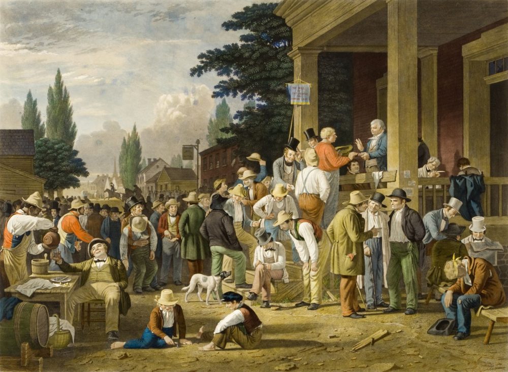 Painting showing a large crowd at a county election. 