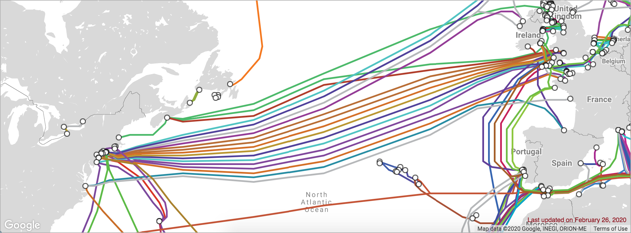 A map of undersea cables crossing the Atlantic ocean. Shows more than 10 cables connecting the East Coast of the United States with various points in Europe.