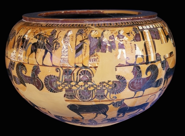 Black-figured bowl (dinos) and stand, signed by Sophilos as painter, c. 580 B.C.E., 71 cm high, made in Athens, Greece (The British Museum)