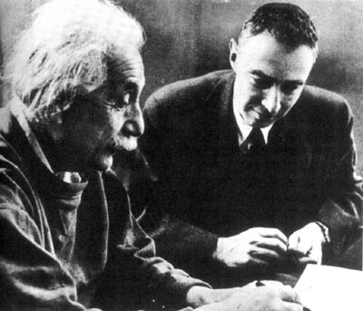 Photograph of Albert Einstein and J. Robert Oppenheimer. 