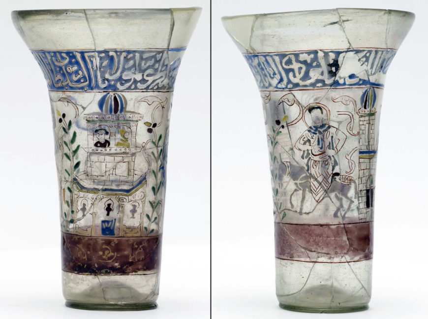 Left: Dome of the Rock depicted on a Beaker, Syria or Egypt, c. 1260 (Crusader), glass with gilding and enamel, 18.5 x 12.1 cm (Walters Art Museum); right: Jesus’s Entry into Jerusalem depicted on a Beaker, Syria or Egypt, ca. 1260 (Crusader), glass with gilding and enamel, 17 x 11.1 cm (Walters Art Museum)