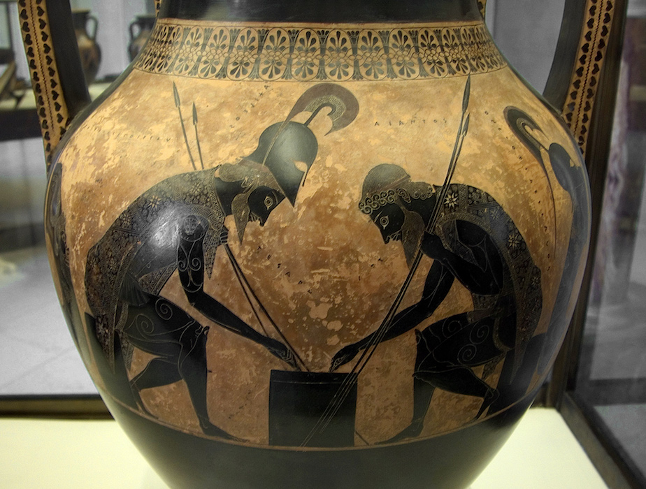 Exekias (potter and painter), Attic black-figure amphora (detail showing Ajax and Achilles playing a game), c. 540-530 B.C.E., 61.1 cm high, found Vulci (Gregorian Etruscan Museum, Vatican City)