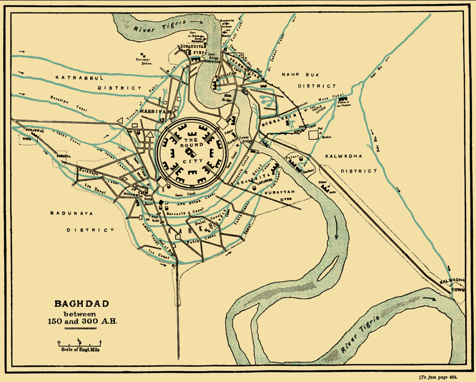 A map of the city of Baghdad. The city center is round with the river Tigris running through the outskirts on the eastern side of the city. 