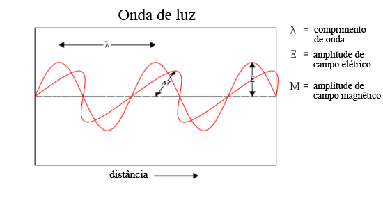 A radiação eletromagnética pode ser representada como um campo elétrico oscilante (oscilando no plano da página/tela do computador), e um campo magnético perpendicular ao primeiro (neste caso, oscilando para dentro e para fora da página). O eixo Y é a amplitude, e o eixo X é a distância no espaço.