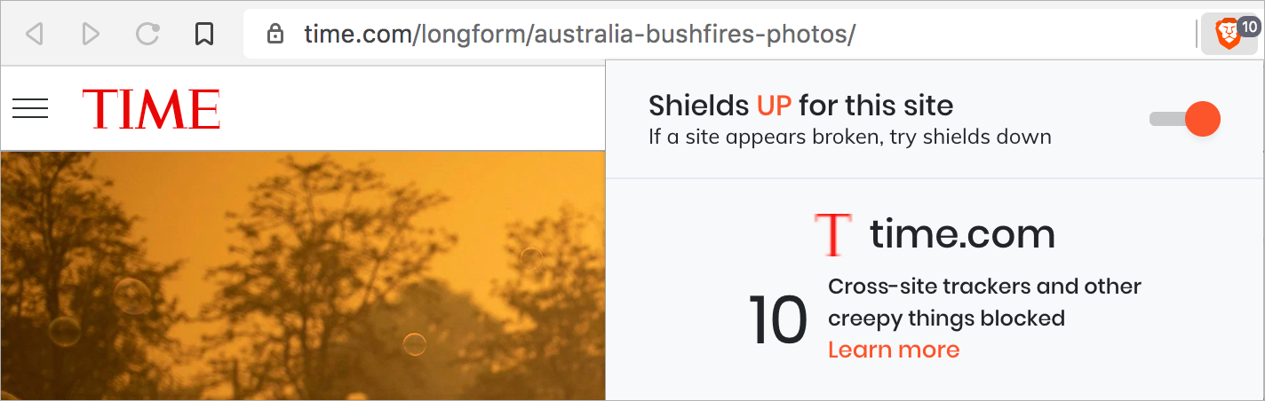 Screenshot of an article on the Time.com website loaded in the Brave browser. An overlay says "Shields UP for this site" and "10 cross-site trackers and other creepy things blocked".