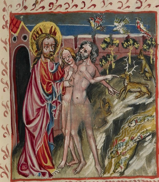 God with Adam and Eve in Rudolf von Ems’ World Chronicle, 1487. The J. Paul Getty Museum, Ms. 33, fol. 5
