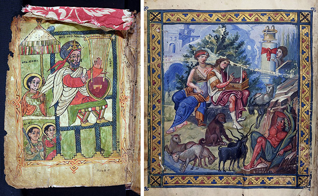 Left: David playing the begena, fol. 6v of a Psalter, Ethiopia, mid-15th century (Oxford, Bodleian Libraries, MS. Aeth. d. 19); right: David playing the kithara, fol. 1v of a Psalter, Constantinople, 10th century (Bibliothèque nationale de France, MS Grec 139)