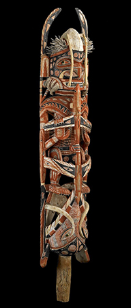 Malangan figure, 1882-83 C.E., 122 cm high, wood, vegetable fiber, pigment and shell (turbo petholatus opercula), north coast of New Ireland, Papua New Guinea © Trustees of the British Museum