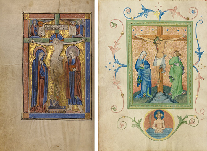 The Crucifixion, begun after 1234, completed before 1262. The J. Paul Getty Museum, Ms. Ludwig V 5, fol. 104v; The Crucifixion, about 1420–30, Master of the Kremnitz Stadtbuch. The J. Paul Getty Museum, Ms. Ludwig V 6, fol. 147v