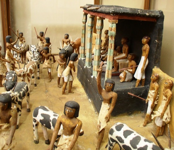 Painted wooden model of the deceased overseeing the counting of cattle in the Egyptian Museum, Cairo (Middle Kingdom). Photo: Dr. Amy Calvert