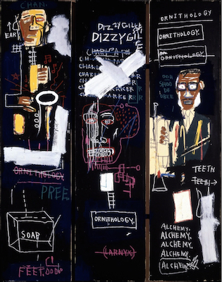 Jean-Michel Basquiat, Horn Players, 1983, acrylic and oilstick on three canvas panels mounted on wood supports, 243.8 x 190.5 cm (The Broad Art Foundation) © The Estate of Jean-Michel Basquiat ([zoomable image here](https://www.artsy.net/artwork/jean-michel-basquiat-horn-players))