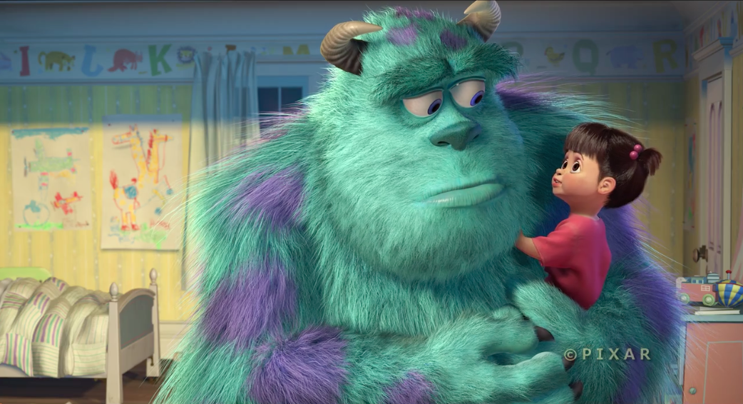 A scene from Pixar's film "Monsters, Inc." where Sully the monster holds the young child named Boo.