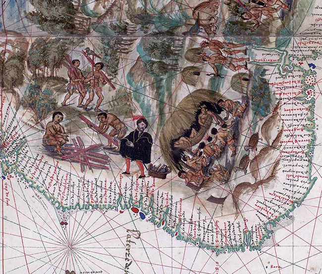 This atlas shows native Brazilians bringing brazilwood to a French merchant dressed in black. “Northeastern South America,” detail of French merchantå in the Vallard Atlas, c. 1547, folio 11 (Huntington Library; photo UC Berkeley Library, www.digital-scriptorium.org, CC BY-NC 4.0).