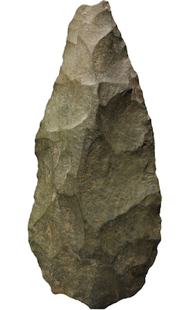 Handaxe, lower paleolithic, about 1.8 million years old, found at Olduvai Gorge, Tanzania, Africa, hard green volcanic lava (phonolite), 23.8 x 10 cm © The Trustees of the British Museum