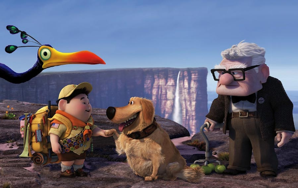 A scene from the Pixar film "Up" with four characters on a cliff: a bird, a boy, a dog, and an old man.