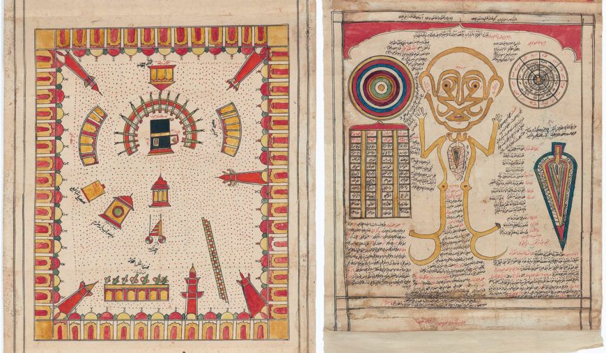 Left: detail of the Great Mosque of Mecca and the Kaaba; right: talismanic motifs, including a human calligram. Talismanic pilgrimage scroll signed by Sayyad Muhammad Hasan Cishti, Indian, probably Deccan, 1787–88, 918 x 45.5cm, watercolor, black and red ink, and gold on paper (Aga Khan Museum)