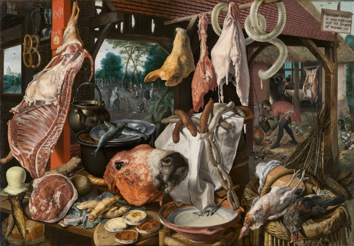 Pieter Aertsen, A Meat Stall with the Holy Family Giving Alms, 1551, oil on panel 45 1/2 x 66 1/2 inches / 115.6 x 168.9 cm (North Carolina Museum of Art). Other versions include one in the University Art Collections, Uppsala University, Sweden.