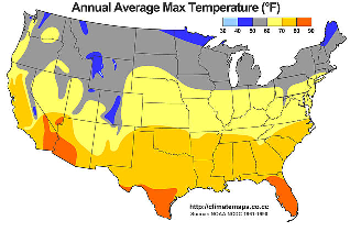 Mapa de temperatura promedio anual máxima de Estados Unidos.