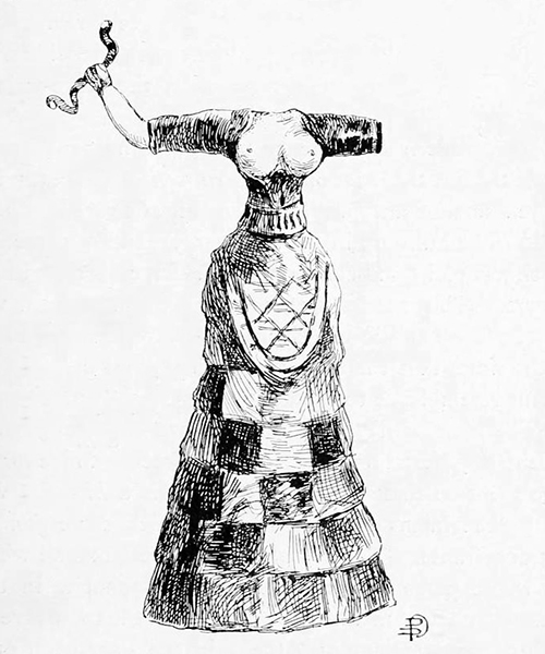 The Snake Goddess prior to restoration by Evans, from Angelo Mosso, The Palaces of Crete and Their Builders (London: Unwin, 1907), p. 137 (University of Toronto Libraries)