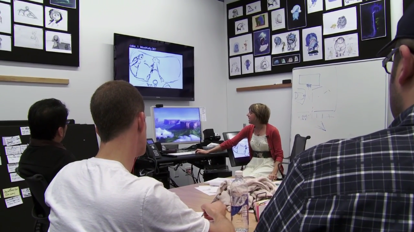 Photo of a group of people in a room full of storyboards, a whiteboard, and a computer monitor.