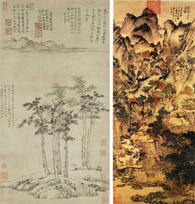 Left: Ni Zan, Six Gentlemen 六君子图, 14th century, ink on paper (Shanghai Museum); right: Wang Meng, Ge Zhichuan Moving to the Mountains 葛稚川移居圖, 14th century, ink on paper (Palace Museum, Beijing).