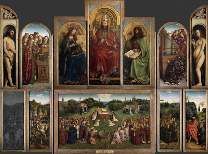 Jan van Eyck, Ghent Altarpiece (closed), completed 1432, oil on wood, 11â€™ 5â€ x 7â€™ 6â€ (Saint Bavo Cathedral, Ghent, Belgium)