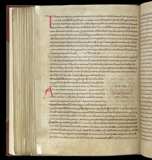 This map is in the T-O form. It appears in an early 7th century work — the Etymologies by Isidore of Seville. The manuscript you can see here was made in the 11th century. Explore this item further