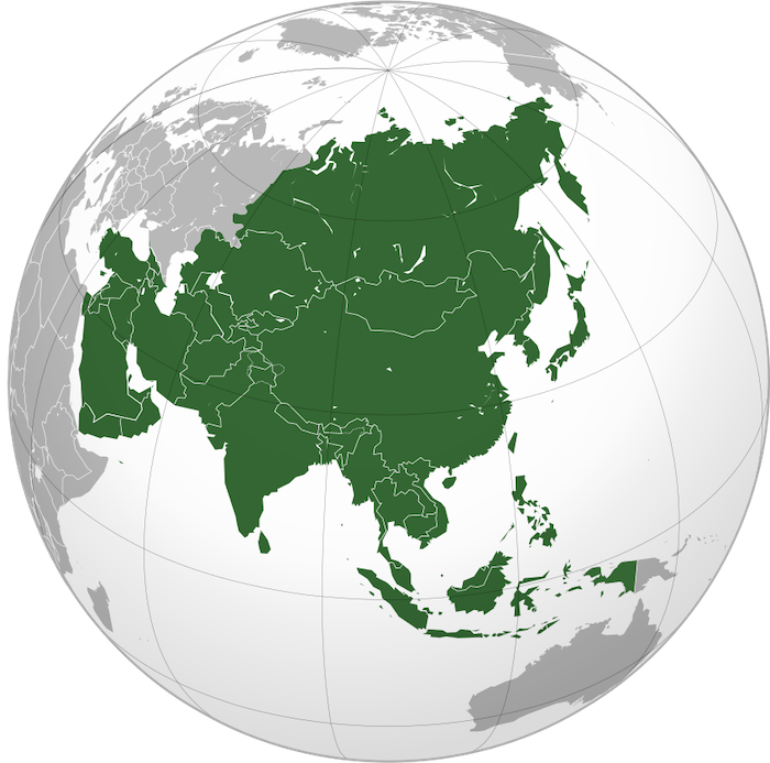 Orthographic projection of Asia (image adapted from: Koyos + Ssolbergj, CC BY-SA 4.0)