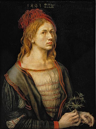 Albrecht Dürer, *Self-Portrait of the Artist Holding a Thistle,* 1493, 56 x 44 cm (Louvre). Inscribed "1493 (D.H.); MIN SACH DIE, GAT ALS ES OBEN SCHTAT" (top center)