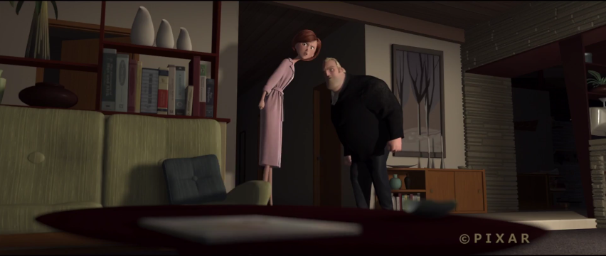 Scene from the Pixar film "The Incredibles", with two parents in a dark room looking around.