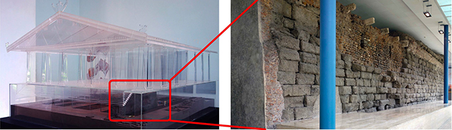 Left: reconstruction (in plexiglass) of the Temple of Jupiter Optimus Maximus revealing the foundations below, which can be seen today in the Capitoline Museum (right).