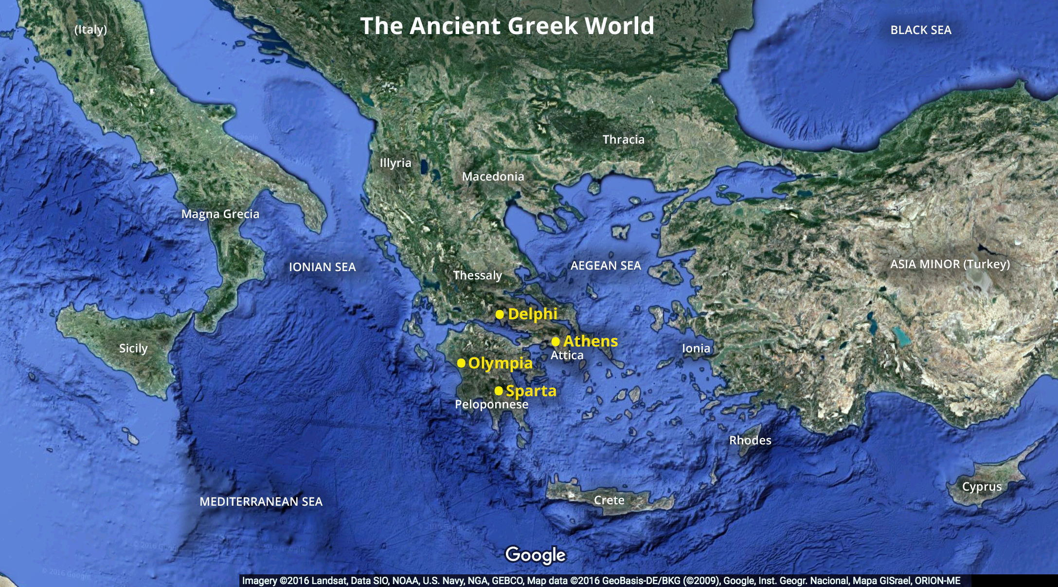 Map of the Ancient Greek World highlighting Delphi, Athens, Olympia, and Sparta