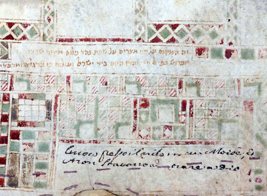 Detail of pilgrims' inscriptions in Hebrew (above) and Italian inscriptions (below), the latter likely added at a later date, Kanisat Musa, Florence Scroll, 13th century, parchment, 10.7m x 17.5cm (BNCF Ms. Magliabecchiano III, 43)