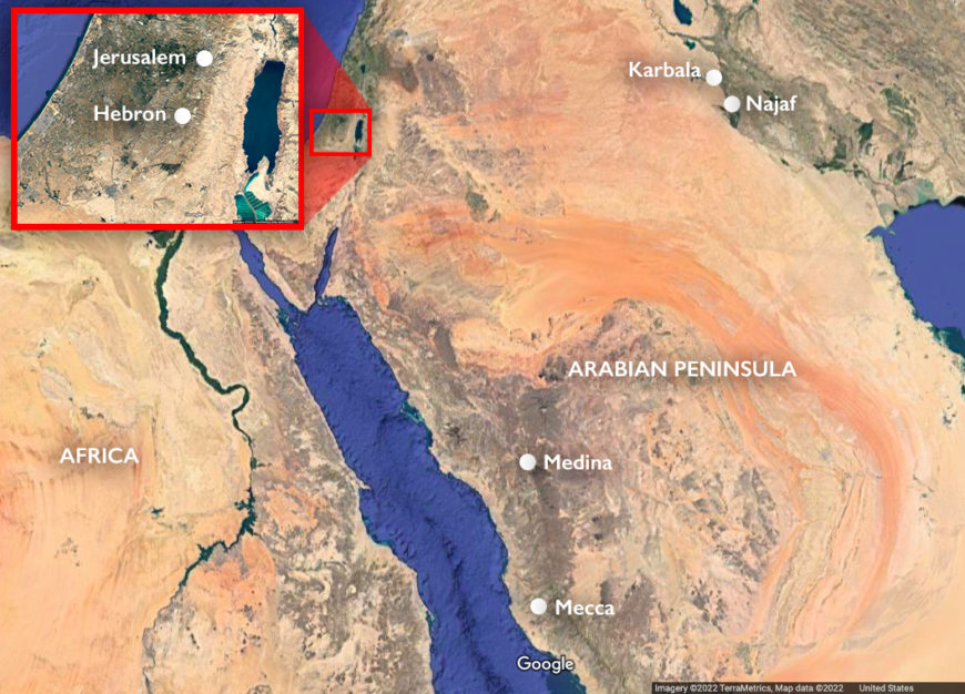 Map showing cities with important pilgrimage stops, including Mecca, Medina, Jerusalem, Hebron, Najaf, and Karbala (underlying map © Google)