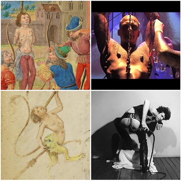 The Martyrdom of Saint Sebastian in the Prayerbook of Charles the Bold, Lieven van Lathem. The J. Paul Getty Museum, Ms. 37, fol. 29; Saint Sebastian, Ron Athey, 1999 (screenshot from YouTube.com); Decorated Text Page in the Prayerbook of Charles the Bold, Lieven van Lathem. J. Paul Getty Museum, Ms. 37, 32v; Self-Portrait, N.Y.C., Robert Mapplethorpe, 1978. Jointly acquired by the J. Paul Getty Trust and the Los Angeles County Museum of Art; partial gift of The Robert Mapplethorpe Foundation; partial purchase with funds provided by the J. Paul Getty Trust and the David Geffen Foundation. © Robert Mapplethorpe Foundation