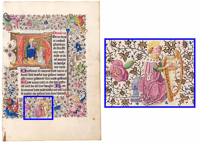 King David playing the harp, lower margin of a leaf from a Book of Hours, c. 1460, Utrecht (Morgan Library & Museum, MS M.1209)