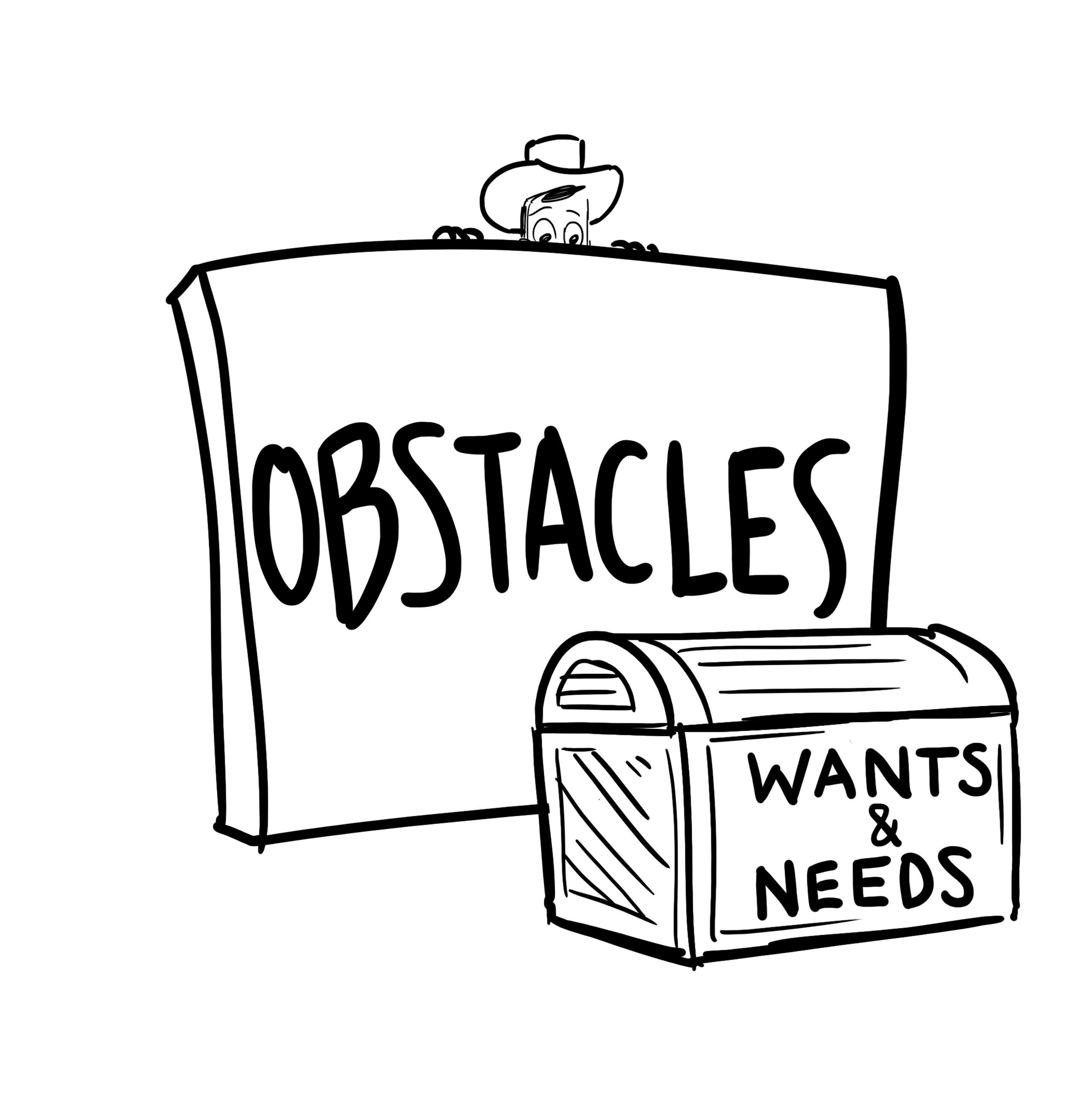 Illustration of a cowboy peeking over a giant wall labeled "Obstacles" and peering at a treasure chest labeled "Wants & needs" on the other side.