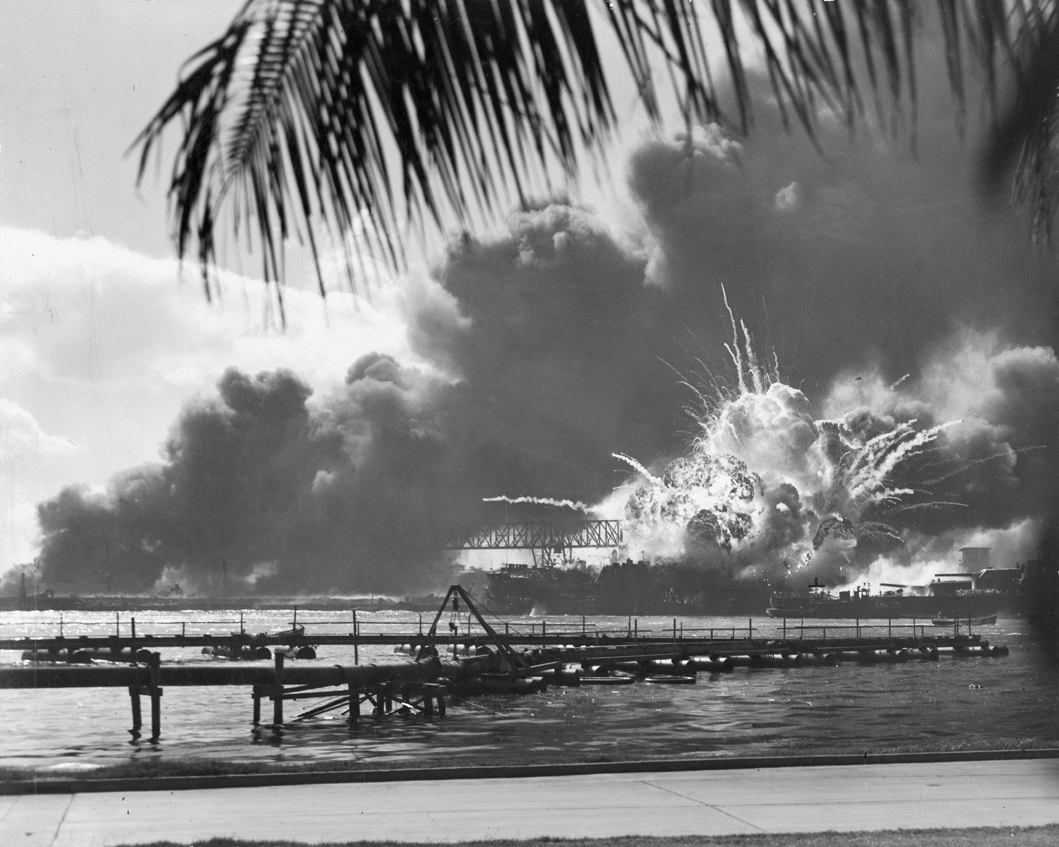 Photograph of USS Shaw exploding at Pearl Harbor, December 7, 1941. 