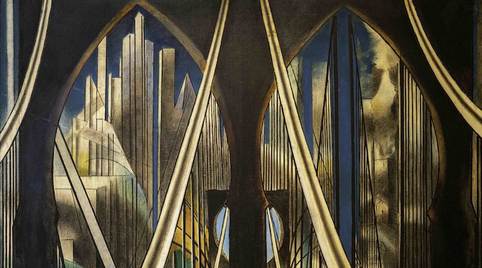 Joseph Stella, The Voice of the City of New York Interpreted (detail of Brooklyn Bridge), 1920-22, oil and tempera on canvas (five panels), 99.75 x 270 inches overall (Purchase 1937 Felix Fuld Bequest Fund 37.288a-e, Newark Museum), a Seeing America video