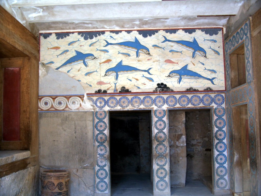 Piet de Jong, reconstruction of the “Dolphin Fresco,” Queen’s Megaron, Knossos (public domain)