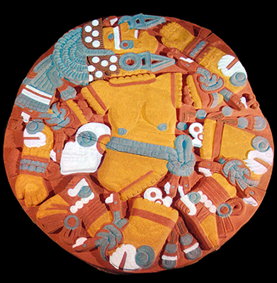Reconstrução de pedra de Coyolxauhqui com possíveis cores originais (foto: miguelão, CC BY-SA 2.0)