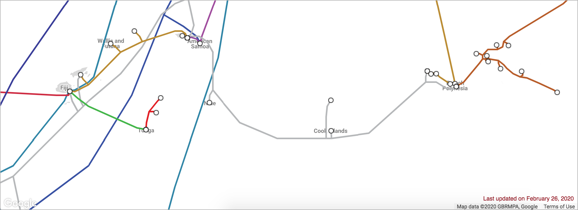 A map of undersea cables in the South Pacific, showing one cable connecting Fiji to Tonga and one cable connecting Cook Islands and French Polynesia.