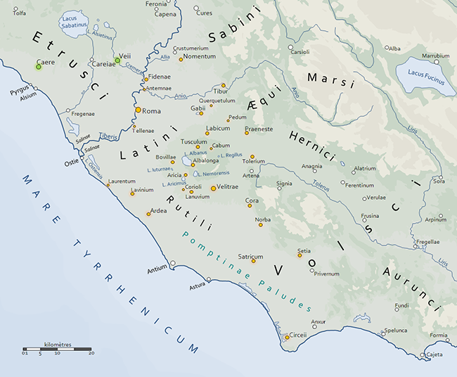 Map showing Latin settlements in central Italy (and, toward the north, Etruscan sites in Southern Etruria) (map, Cassius Ahenobarbus, CC BY-SA 3.0)