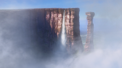A scene from Pixar's film "Up" of a very tall waterfall.