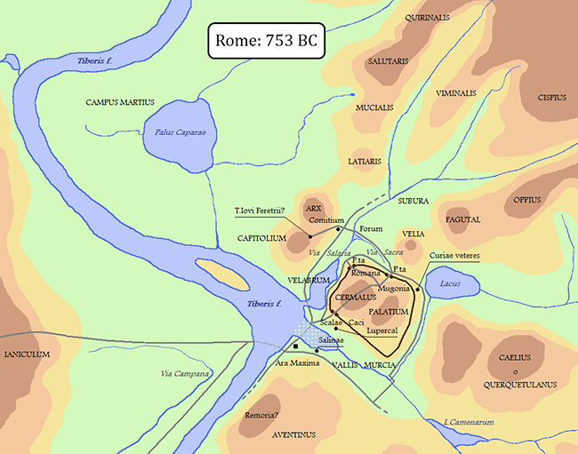 Rome in 753 B.C.E. (map, Cristiano64, CC BY-SA 3.0)