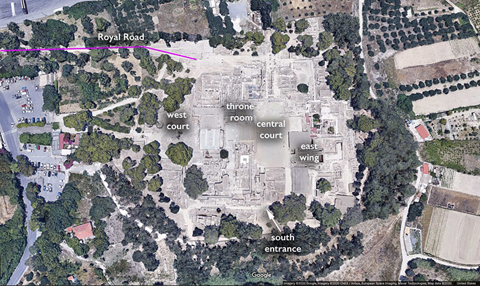 Aerial view of Knossos today (underlying map © Google)